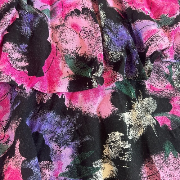 Vintage 80s Drop Waist Ruffle Dress Floral Pink Black Purple All That Jazz - Picture 6 of 6